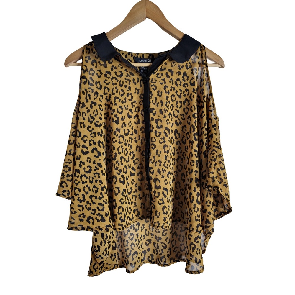 Forever 21 Leopard Print Cold Shoulder Blouse Black Peter Pan Collar Tan Small